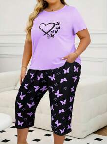 Plus Size Women Casual Butterfly Print Short Sleeve T-Shirt And Capri Pants Pajama Set, Comfortable Loungewear 2 Pieces, Suitable For Spring, Summer, Outfits With Slight Stretch