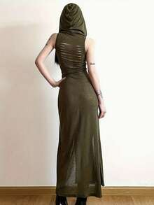 Women's Wasteland Style Hooded Dress - Split Tie Slim Fit, American Hot Girl Style Street Photo Cos Shoot Slim Midi Dress - 軍綠色 - 查看 5
