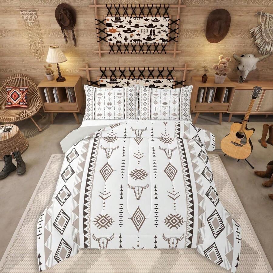 Erosebridal 2/3 Pcs Bohemian Skull Comforter Set - Cowboys Western Bull Skull Bedding Set For Men Adult Bedroom, Geometric Farmhouse Horns Bed Set, Southwestern Native Quilt Set - Soft Microfiber, Birthday & Festival Gifts - 白色灰色 - 查看 1