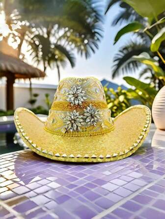1pc Shiny Rhinestone Cowboy Hat, Suitable For Cowboy Party, Performance, Bar, Adult Party, Nightclub, Gala, Music Festival, Carnival, Cosplay, Celebration, Bachelor Party, Parade, Beach