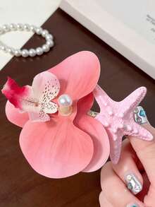 4 piezas de elegantes pasadores de pelo con forma de estrella de mar, concha y orquídea simulada, en estilo de resort de playa, accesorios de pelo versátiles para mujeres, accesorios para el cabello, accesorios para la cabeza - Multicolor - Ver 4