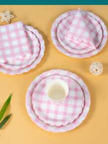 100pcs Light Pink Plaid Paper Plates & Napkins Party Supplies, 7/9 Inch Disposable Paper Plates Light Pink & White Checkered Plates, Wedge Checkered Plates, Paper Cups, Napkins, Suitable For Birthday Dinner, Picnic, BBQ, Party - Multicolor - View 4