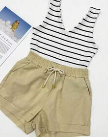 Women's Short Linen Shorts With Elastic Waistband - White - View 2