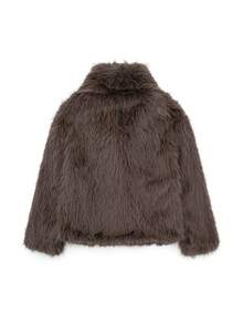 SHIBASHAN 女士冬季时尚仿皮草夹克带口袋长袖翻领毛绒外套时尚厚实保暖外套 - 深棕色 - 查看 9