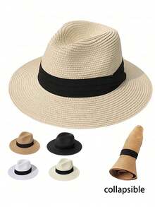 1 chiếc Mũ Panama vành rộng Unisex, Mũ chống nắng bãi biển mùa hè, Chất lượng cao, Màu trơn, Thanh lịch, Thường ngày, Bohemian, Cổ điển, Phong cách đường phố, Polyester, Chống gió, Xuân/Hè - mũ đội đầu - Xem 4
