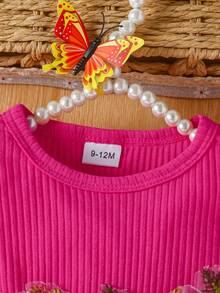 Baby Girls' Floral Embroidery Waist Ruffle Hem Long Sleeve Ribbed Mesh Princess Dress - Hot Pink - View 2