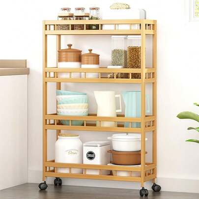 Stylish 4-Tier Bamboo Rolling Cart - Removable Utility Trolley With Wheels, Multi-Layer Storage Shelf Rack (23.6"L*7.1"W*37.8"H), Easy Assemble Mobile Organizer, Perfect Decorative Storage Cart For Home Kitchen Living Room