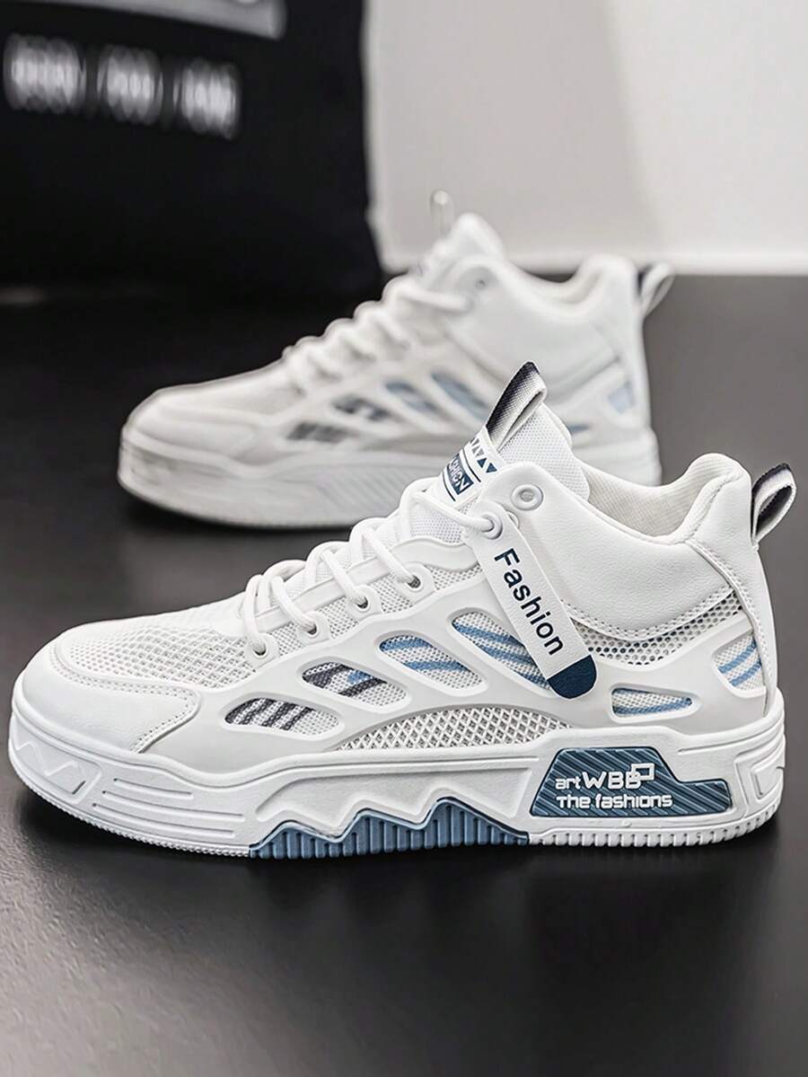 Zapatos casuales para hombres, nuevos tenis de estilo callejero de otoño con diseño de parches de malla, zapatos deportivos casuales transpirables, versátiles zapatos retro de media altura para jóvenes, estudiantes, uso diario de moda, suela gruesa antideslizante y resistente al desgaste de malla - Gris - Ver 1
