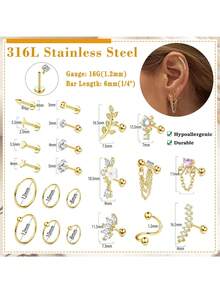 Milacolato Earrings For Women 16G - Conch Helix Tragus Earrings Piercing Jewelry Hypoallergenic Surgical Stainless Steel Cartilage Flat Back Stud Earring Push In Nose Studs Labret Jewelry - Nhiều màu - Xem 2
