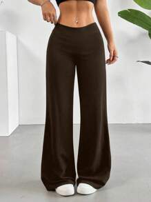Solid High Rise Flared Straight Leg Pants