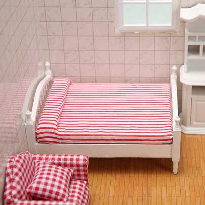 1pc 1:12 Dollhouse Miniature Furniture, Wooden Bedroom Set Including Double Bed, Nightstand, Suitable For Dollhouse, Doll House Play, Birthday Gift, Christmas Gift