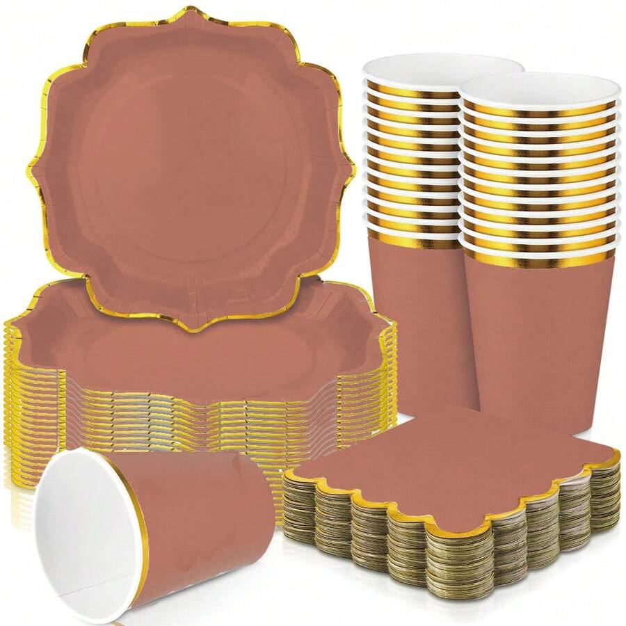 10 piezas/20 piezas/50 piezas, Platos de papel con borde dorado y diseño de vieira en color marrón, vasos y servilletas, Juego de vajilla desechable para fiestas, Plato de cena de 9 onzas con borde dorado y diseño de otoño, adecuado para cumpleaños, bodas, baby shower, Acción de Gracias, decoración del hogar, puede acomodar a 10 invitados (Marrón)