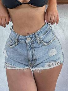 Short en jean vintage délavé pour femmes, décontracté pour l'été - Bleu azur - Voir 7