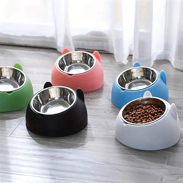 1pc Elevated Stainless Steel Cat Bowl, 2-In-1 Tilted Food And Water Dish With Adorable Ear Stand, Neck Protection Design - Available In Multiple Colors