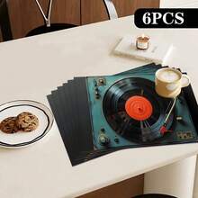 1/4/6/90pcs Set Vintage Turntable & Vinyl Record Printed Placemats, Woven Polyester Rectangular Tablemats, Hand Wash Only, Kitchen & Home Decor, Indoor/Outdoor Dining Decoration