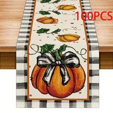 1pc Autumn Gratitude Sister Theme Table Runner - Pumpkin With Green Leaves And Black Grid Design, Suitable For Holiday Parties, Kitchen Dining, Home Decoration, Durable Polyester Material Holiday Table Decoration, Holiday Table Decoration, Autumn Harvest Theme Decoration, Bow Decoration, Autumn And Thanksgiving Decoration.