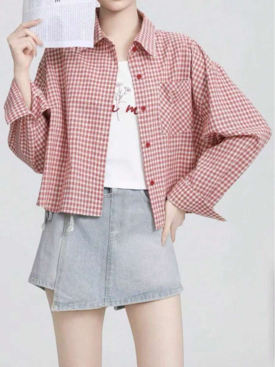 Red Plaid Shacket For Women, Loose Fit, Turndown Collar, Long Sleeve, Spring/Autumn New Arrival