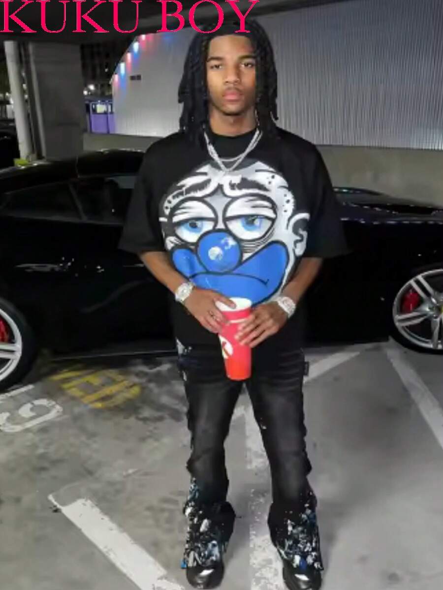 Cartoonprinting (220g Pure Cotton T-Shirt) Cotton T-Shirt - Soft, Breathable, 100% Pure Cotton Fabric - Comfortable And Energetic Summer Street Style Short Sleeved T-Shirt, Cool Design Retro Summer Men's Daily Wear T-Shirt