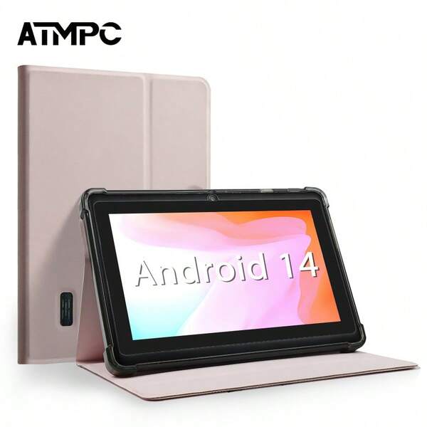 Tablet Android 14 de 7 polegadas ATMPC, equipado com 2GB de RAM DDR, 32GB de ROM, 3500mAh, processador quad-core, tela IPS 1024X600, câmera frontal de 30 pixels e traseira de 200 pixels, Wi-Fi 802.11 b/g/n 2.4g, PC, equipado com quatro capas de couro anti-queda coloridas