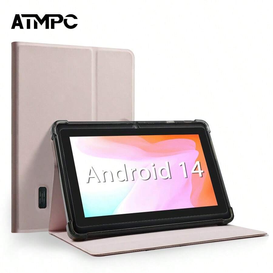 Tablet Android 14 de 7 polegadas ATMPC, equipado com 2GB de RAM DDR, 32GB de ROM, 3500mAh, processador quad-core, tela IPS 1024X600, câmera frontal de 30 pixels e traseira de 200 pixels, Wi-Fi 802.11 b/g/n 2.4g, PC, equipado com quatro capas de couro anti-queda coloridas