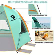UNICAMPER Beach Tent 3 Person Sun Shelter UPF 50+ With Extended Waterproof Pe Floor & 3 Mesh Roll Up Windows Fits, Portable Beach Shade Easy Setup For Outdoor Camping, Indoor, Fishing, Yard. (Green) - Orange - View 3