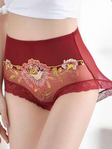4 Pcs Women's Traceless Sexy Lace Embroidered Flower Mesh High Waist Semi-Perspective Triangle Panties