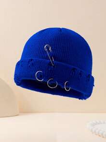 1pc Men's Solid Color Metal Ring Knit Beanie Hat, Minimalist Fashion Versatile Warm Knit Cap For Outdoor, Autumn/Winter Daily Wear Fall Outfit - A - View 8