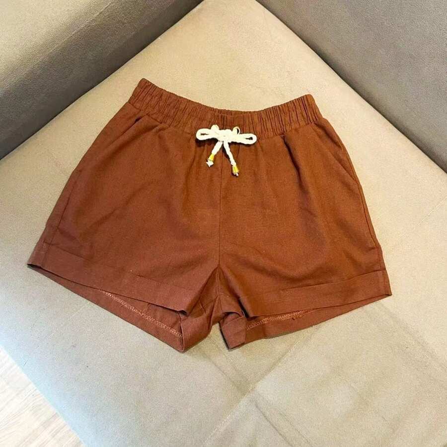 Women's Short Linen Shorts With Elastic Waistband - màu nâu - Xem 1