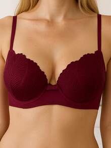 Basic Bra With Lace Cups - Burgundy - View 2