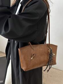 1个咖啡棕色绗缝拉链PU纯色保龄球包，大容量手提包，新款时尚复古单肩包，适合女性日常使用，秋冬季 - 棕色 - 查看 5