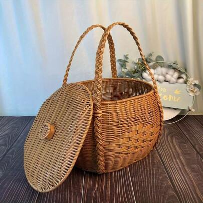 Panier de pique-nique rustique en imitation rotin tressé, sac à main de style campagne pour randonnée et camping, paniers d'étagère