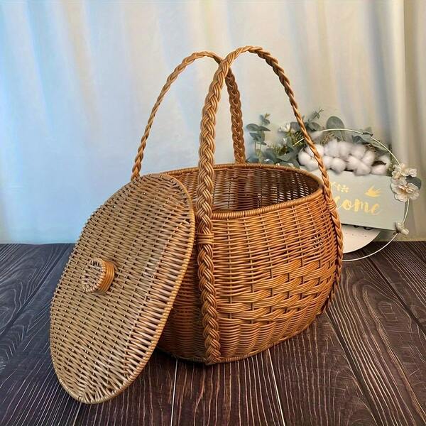 Cesta de picnic rústica de ratán sintético, estilo campestre, ideal para senderismo y camping, con estantes.