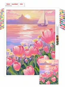 日落花朵帆船 DIY 5D 钻石画全钻套装家居厨房时尚马赛克艺术帆布墙面装饰礼物