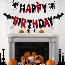 Banner Ulang Tahun Berkilau Merah Hitam - Dekorasi Pesta Ulang Tahun Bertema Kelelawar dan Laba-laba Halloween untuk Pesta Bertema Halloween - MultiWarna - View 1