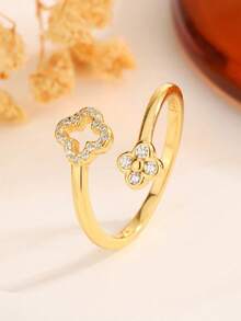 1pc 925 Sterling Silver 14K Gold Plated Minimalist Hollow Four-Leaf Clover Midi Ring, Small Size Suitable For Pinky Finger, Double Clover Cubic Zirconia Design, Silver Jewelry Gift For Birthday, Valentine's Day