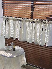 1 pieza, Panel corto de cortina decorativa con textura de lino rústico falso y lazo negro, versátil para cocina, armarios de comedor y entradas, de fácil cuidado y lavable, con filtrado de luz para decoración de estilo granja