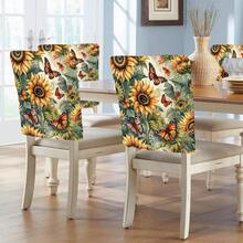 Housse de chaise courte en peluche, motif tournesol, fleurs et papillons, série automne (1/4/6/10 pièces), amovible, pour dossier, toutes saisons, décoration de vacances, pour salle à manger, salon, maison, avec protection dorsale, pour salle à manger, bureau, salon, hôtel et décoration d'intérieur.