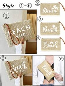 1PC Letter Print Straw Woven Casual Clutch Bag, Braided Single Small Wallet, Vintage Straw Woven Handbags, Boho Style Summer Beach Bag, Minimalist Straw Bag, Women's Braided Tote Bag For Travel Picnic, Perfect For Summer Beach Travel Vacation, For Outdoor, Holiday, Women's Zipper Handbags For College, Middle School, High School, Back To School, Travel, Outdoors For Teen Girls, For School Student, For Teenagers Vintage Soft - Khaki - View 3
