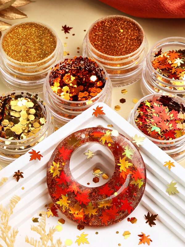 6pcs/Set Autumn Resin DIY Glitter Sequins, Red Orange Maple Leaf Flake Filler - For Jewellery, Craft Supplies, Epoxy Resin Mould Filler Decoration, Reation Essential For Jewellery