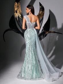 Elisanya Vestido elegante de un hombro con abertura y lentejuelas de color azul claro, para fiestas de cumpleaños, cócteles y banquetes - Celeste - Ver 3