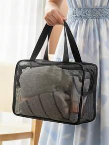 黑色网眼尼龙透明手提包，男士洗漱包，便携式旅行必备沙滩包，可装毛巾、牙膏、洗漱用品等，简约优雅，居家旅行皆宜，女士礼物，圣诞礼物，女士送礼佳品