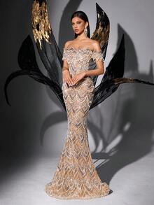 Damklänning med glamorös mode, paljettpärlor och bara axlar, elegant festklänning - Champagne - Visa 4