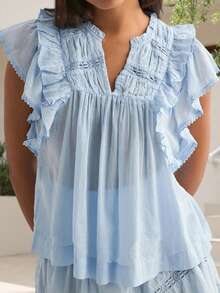 Women's Summer Loose Tank Tops Solid Color Lace Trim Flying Sleeve V-Neck Loose Fit Vest Streetwear - Blue - View 7