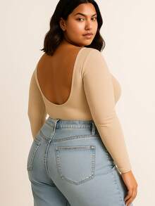 Women's Bodysuit, Second Skin, Long Sleeves, Open Back, Basic, Stylish, Fashion Blogger Style, Autumn/Winter - 米色 - 查看 2