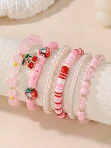 6pcs/Set Girls' Soft Clay Faux Pearl Beaded Cherry Bracelet Set, Suitable For Teenagers - Multicolor - View 2