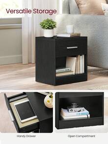 Bedside Tables, Set Of 2, Side Table With Drawer, Handle, Open Compartment, End Table, For Bedroom, Living Room, Classic Black - Black - View 3