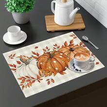 1 pieza/4 piezas/6 piezas Manteles individuales de lino con estampado de calabaza, decoración de Acción de Gracias, adecuados para mesa de comedor, todo el año, manteles de mesa modernos lavables, decoración del hogar, manteles individuales, posavasos, alfombrillas de cocina y comedor, decoraciones de fiesta interior y exterior, regalo ideal