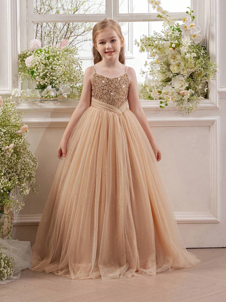 少女金色亮片网纱薄纱派对礼服，优雅公主裙，适合女孩生日派对、青少年正式晚宴、花童、伴娘、舞会、节日庆典 - 香檳色 - 查看 1