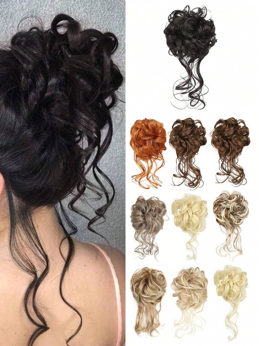 凌乱发髻发饰,蓬松发髻造型器,弹性发带,卷发发髻配饰,适合圣诞节、新年、音乐节等场合(酒红色) - 彩色 - 查看 1