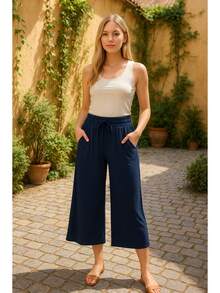 Women's Pantacourt Pants In Viscolycra Knit, Capri, Simple Casual, With Drawstring Pocket - 藏蓝色 - 查看 4